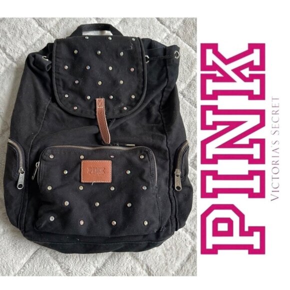 Victoria Secret PINK | Black Rhinestone Canvas Stud Backpack | One Size - Picture 1 of 16